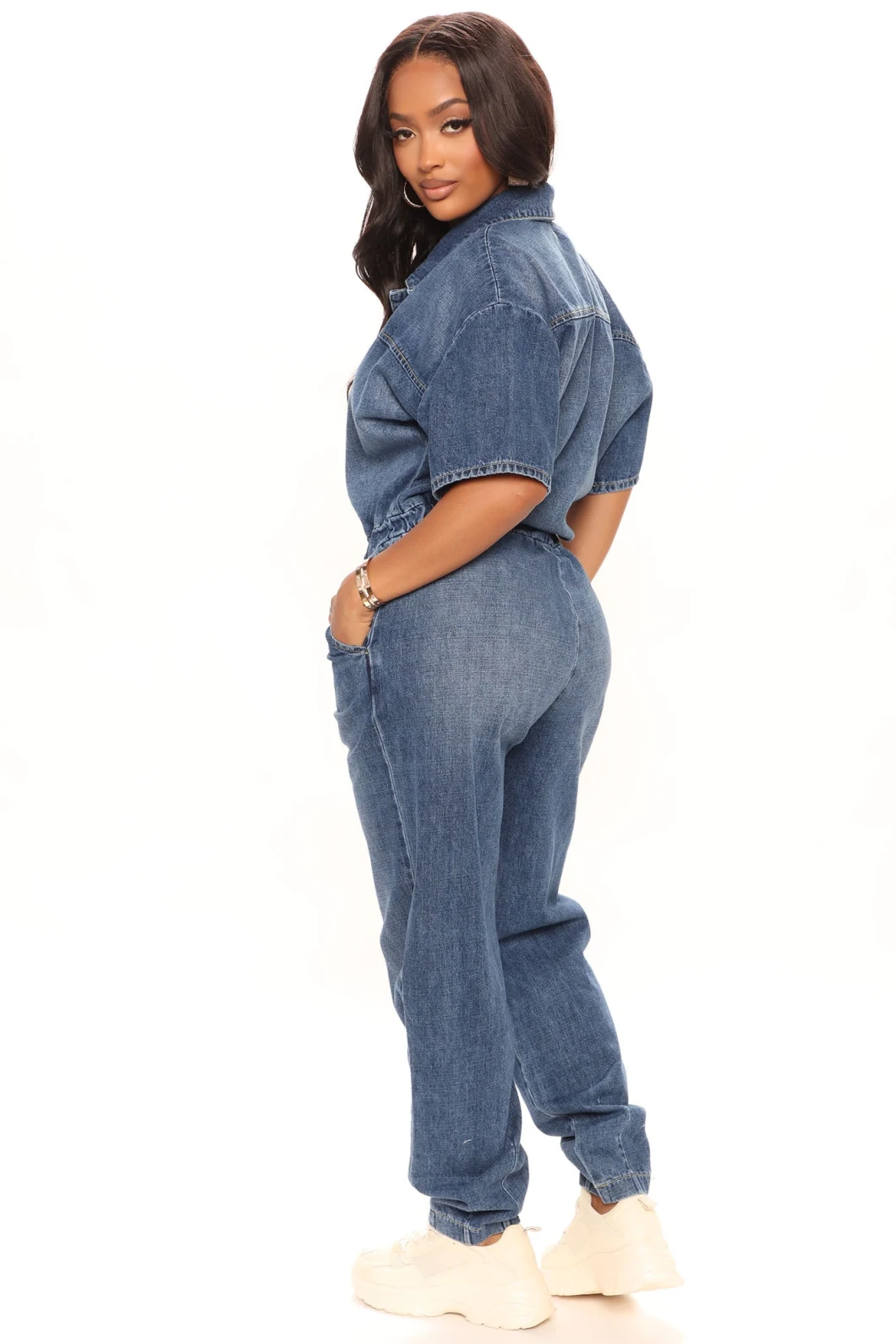 Women MID Blue Non-Stretch Clothing Short Sleeve Collar Elastic Waistband Wash Jogger Denim Jumpsuit