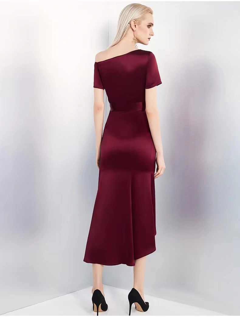 High Quality Satin Sexy Woman Luxure Wine One- Shoulder Irregular Fashion Ladies Dress with Belt