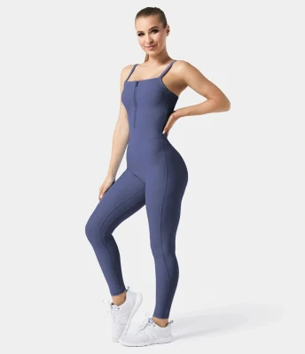 Mode Sportswear Gym Wear Spaghetti Strap côtelé plaine Zipper Jumpsuit pour les femmes