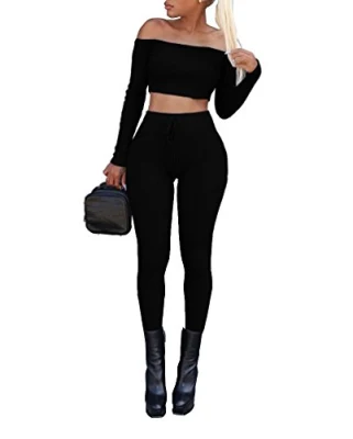 Women's Sexy 2 pièces hors épaule à manches longues Crop Top Long Pant Bodycon Jumpsuit Skinny Black Medium