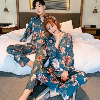 Couple Pyjamas Cardigan À Manches Longues Pantalon Pyjamas Costume Lâche Revers Vêtements De Nuit Dessin Animé Loisirs Loungewear Doux Femmes Pyjamas